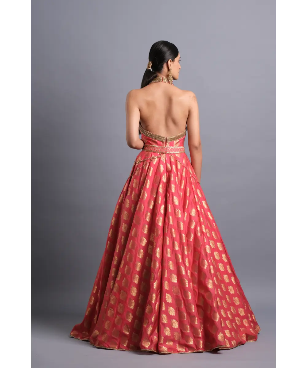 AASTHA SOOD - Crimson Halter Gown with Belt